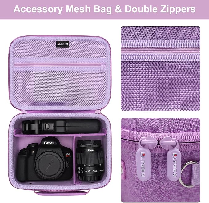 Camera Case Compatible with Canon EOS Rebel T7/R50/R6 Mark II/R100/R50 V/T6/R8/R10/R5 Mark II/RP/R7/5D Mark IV/SL3/R5/T100 DSLR SLR Camera, Len and Tripod with 4 Dividers and Shoulder Strap, Purple