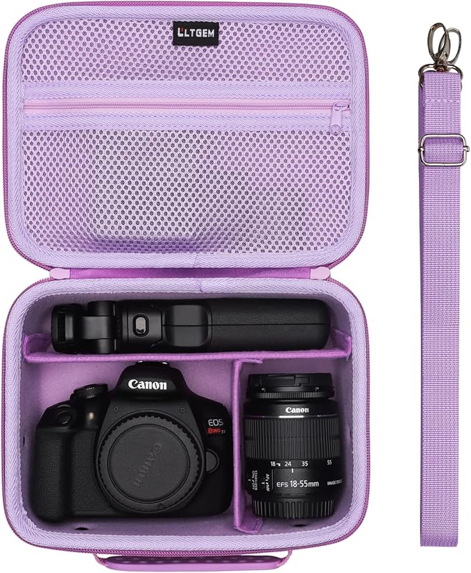 Camera Case Compatible with Canon EOS Rebel T7/R50/R6 Mark II/R100/R50 V/T6/R8/R10/R5 Mark II/RP/R7/5D Mark IV/SL3/R5/T100 DSLR SLR Camera, Len and Tripod with 4 Dividers and Shoulder Strap, Purple