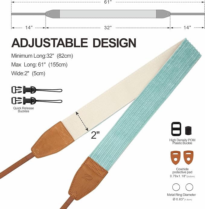 Padwa Lifestyle Fresh Mint Green Corduroy Camera Strap - 2" Double Layer Full Grain Cowhide Leather Head Camera Straps for Photographers,Unique Soft Corduroy Fabric with Quick Release fits all Cameras