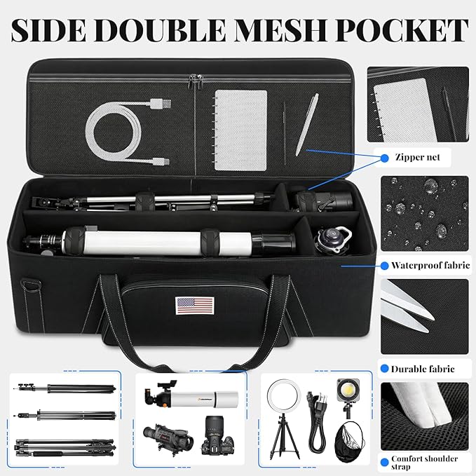 40.8" Astronomical Telescope Case, Large Telescope Travel Bag Soft Padded Telescope Accessories Carrying Case with Telescope, Tripods, Light Stands, Telescopes Tube, Camera, Studio Equipment