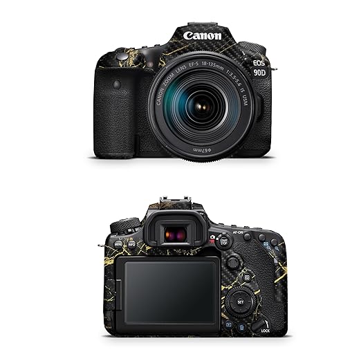 Carbon Fiber Camera Skin Compatible with Canon EOS 90D Camera (2019) - Black Gold Marble - Premium 3M Vinyl Protective Wrap Decal Cover - Easy to Apply | Crafted in The USA by MightySkins