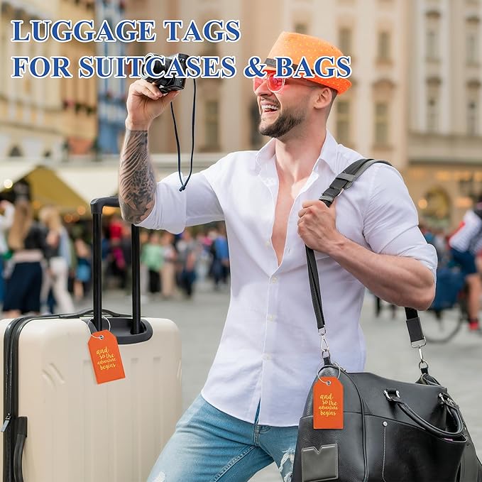 Luggage Tag & Initial Baggage Tags for Suitcases Leather Bag Tags for Backpacks Handbag School Instrument with Name ID Label Travel Essentials, Unique Fun Orange Personalized Luggage Tags 2 Pack