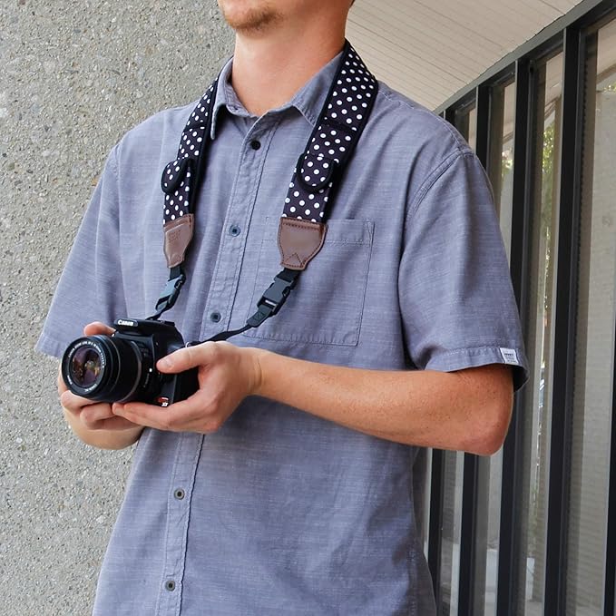 USA Gear TrueSHOT Camera Strap Neoprene Camera Straps - Padded Neck Strap, Pockets, and Quick Release Buckles - Compatible with Canon, Nikon, Sony and More DSLR and Mirrorless Cameras (Polka Dot)