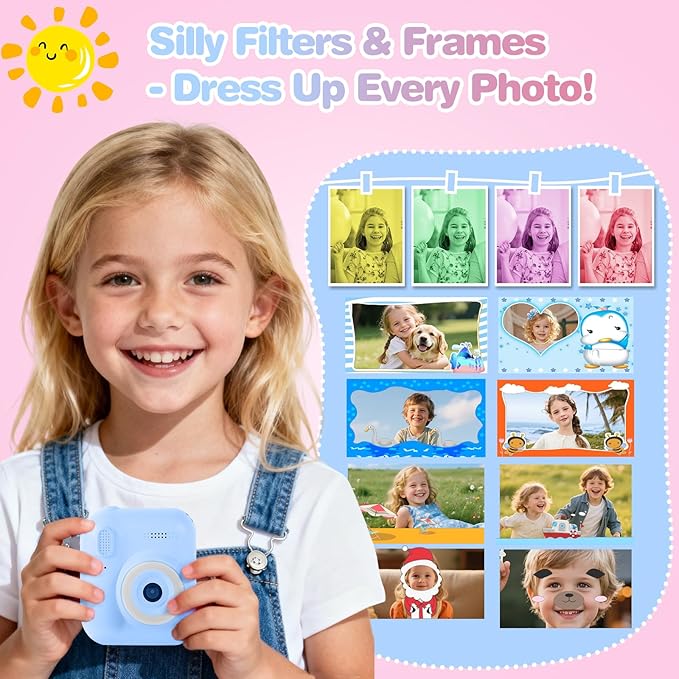 Kids Camera Instant Print with Color & Black-White Printing, 1080P HD Digital Selfie Camera for Children, 32GB, 2.4" Screen, 16X Zoom, Games, MP3 for Boys Girls Ages 3-12 (Blue)