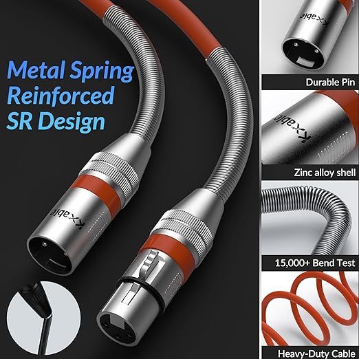 XLR Microphone Cable 20 FT, XLR Male to Female Balanced Mic Cable, 3-Pin Shielded Speaker Cord, Zinc Alloy Connectors, 22AWG Pure Copper, Metal Spring SR, Recording Studio, Podcast, Orange