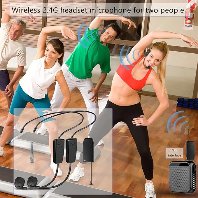 Wireless Dual Microphone Headset Professional: 2.4G Cordless Head Mic for 2 People - 160ft Range,1/8'' and 1/4'' Plug, for Singing, Tours, Speaker, Fitness, Voice Amplifier, PA System