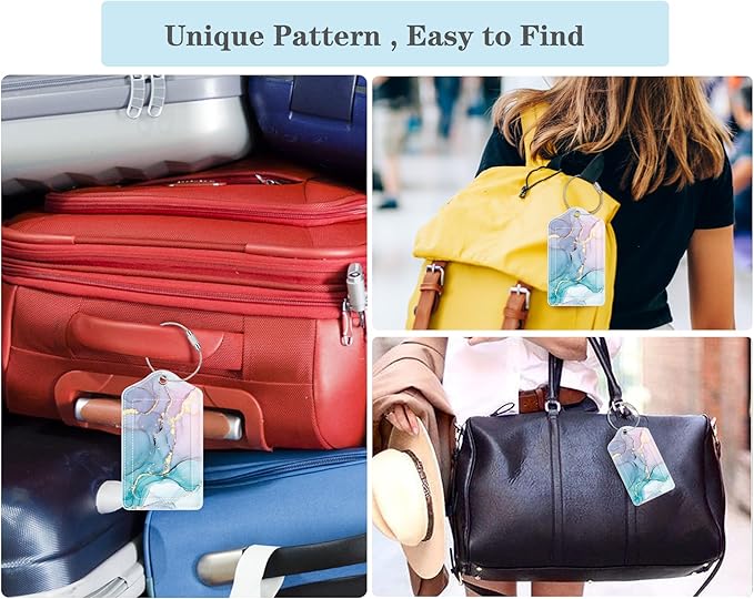 (Set of 2) Luggage Tag Leather Privacy Cover ID Label Address Card with Stainless Steel Loop, Travel Bag Tags Suitcase Labels, Powder Blue