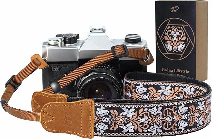 Padwa Lifestyle Camera Strap - 1.5" Crazy Horse Cowhide Head Cotton Strap,Vintage Embroidery Camera Straps for Photographers and All Cameras,Cute Adjustable Shoulder Neck Strap for Adults & Kids