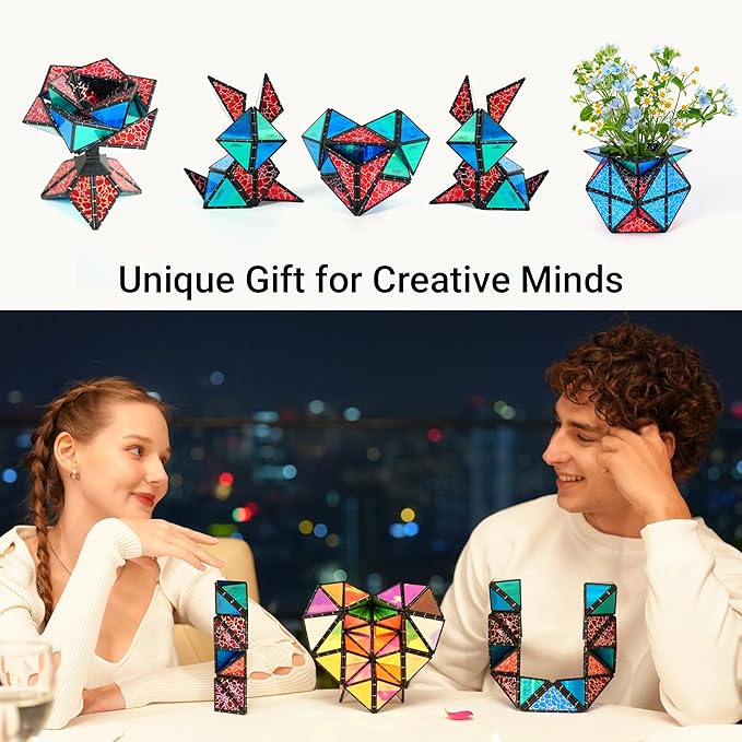 TOSY Magnet Pyramid Stone - 1 Cube Transforms into 1 Billion Shapes (Bunny, Egg Basket, Flowers, Heart), Easter Valentine Gift, 12 pcs, 243 Magnets, Holographic Design, Puzzle/STEM Toy