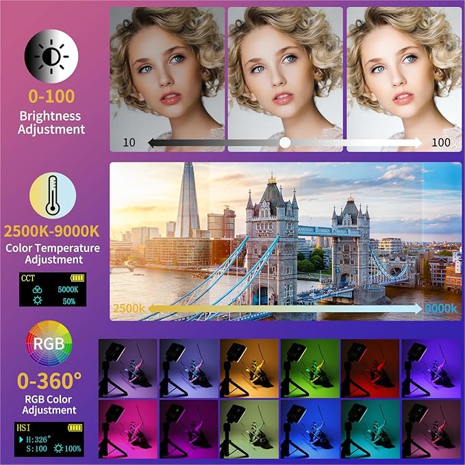 VRIG RGB Video Light, Portable LED Camera Light, 2500K-9000K, 3000 mAh, 20 Effects, 140 LEDs, OLED Display, DSLR Lighting for Photography, Recording, Vlogging, Content Creation