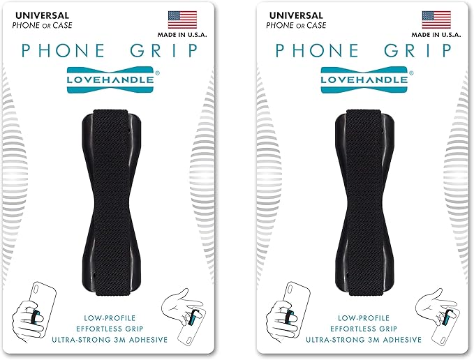 LOVEHANDLE Universal Grip for Most Smartphones, Mini Tablets and Cases, Black Elastic Strap with Black Base, Pack of 2, LH-01-2PackBlack