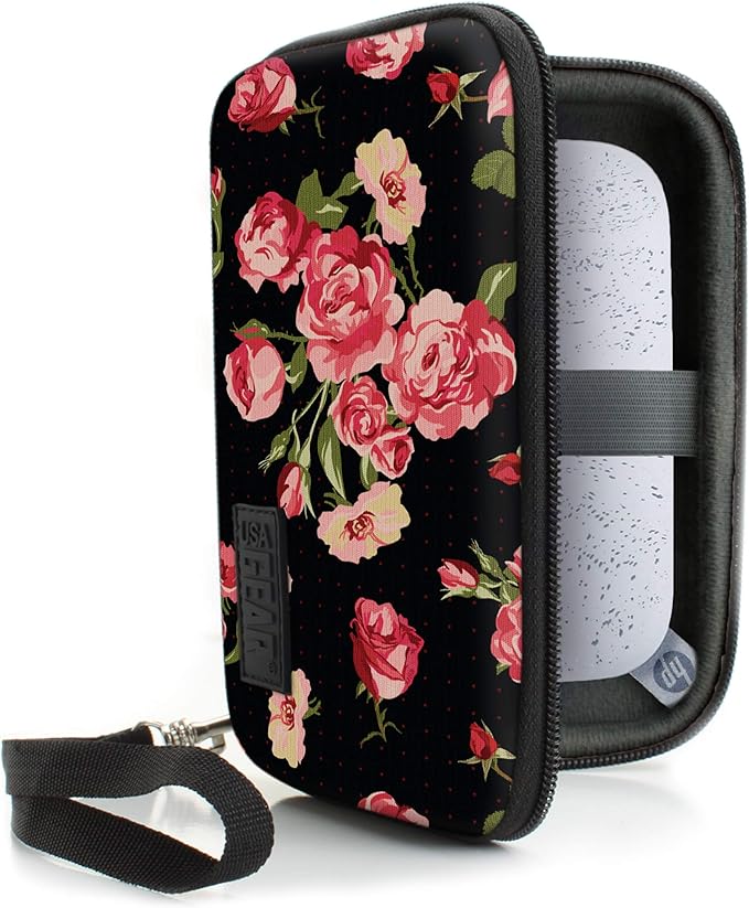 USA Gear Instant Printer Case Compatible with HP Sprocket 2x3, Instax Mini Link 2, Kodak Printomatic, Photo Paper, Cable & more - Hard Shell Portable Printer Carrying Case with Wrist Strap (Floral)