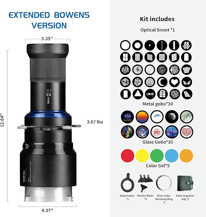 Bussi MG06 Max Bowens Mount Snoot with 40 Gobos, 36° Lens Optical Snoot Spotlight for Photography Video Shape Light Studio, GOBO Light, (Extended Bowens Mount)