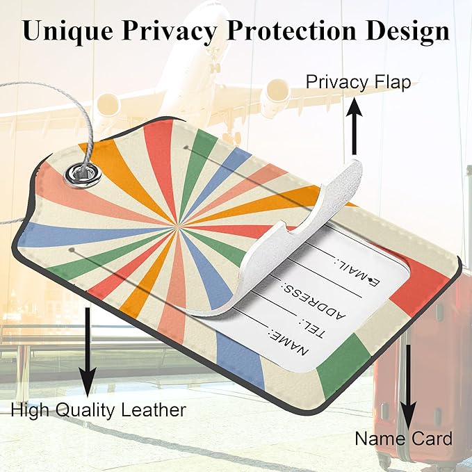 Set of 2 Luggage Tags for Suitcases, Leather Abstract Colorful Twisted Checkered Baggage Tags with Stainless Steel Loop, Privacy Name ID Card Cover Travel Labels for Women Men Kids Girls