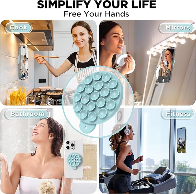 Magnetic Suction Cup Phone Mount, Compatible with MagSafe, Silicone Octo Cup Buddy Sticky Grip Holder for iPhone and Android, Removable Hands-Free Selfie/Video for TikTok, Light Cyan
