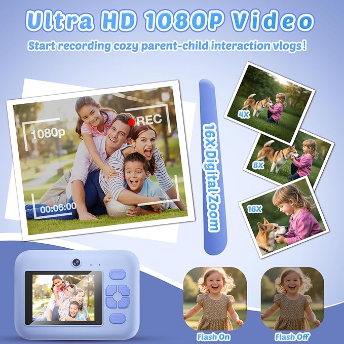 Instant Print Camera for Kids, App Printing, 1080P Video, Dual-Lens Selfie Digital Camera with 32G SD, Christmas Birthday Gifts for Girls Boys 4 5 6 7 8 9 10 11 12 Year Old, Toddler Toy_Blue