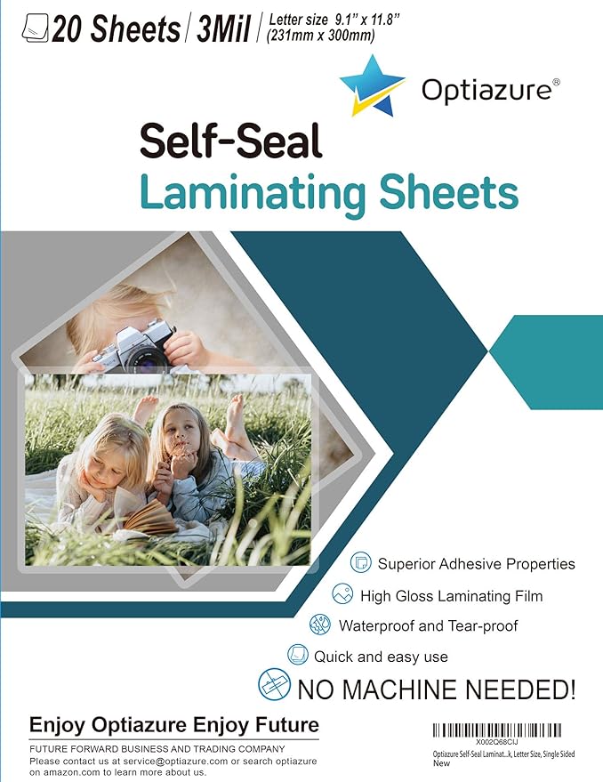 Optiazure Self-Seal Laminating Sheets 9.1"x11.8" Inches, 3mil 20Pack, Letter Size, Single Sided