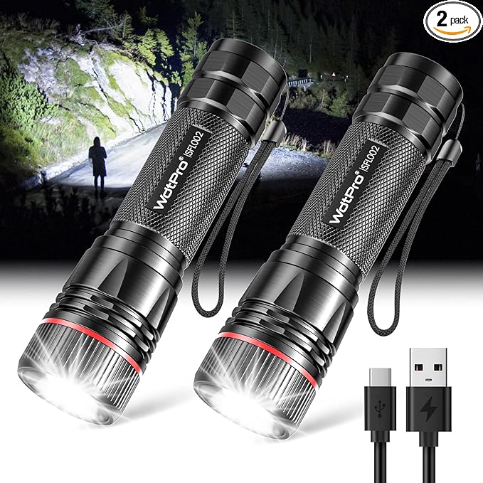 WdtPro Rechargeable Flashlights High Lumens, 2 Pack 10H Long Lasting Super Bright EDC Flashlight, LED Mini Tactical Flash Lights for Camping Emergency, Drop & Water Resistant (Battery Included)