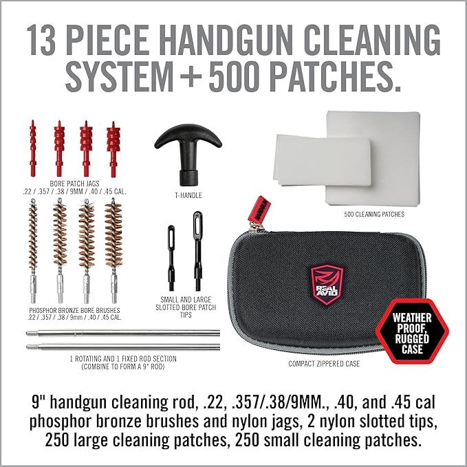 Real Avid Handgun Cleaning Kit | Includes Gun Cleaning Mat 19x16 with Magnetic Parts Tray & Gun Cleaning Supplies for 22, 357, 38, 380, 9mm, 40, 41, 44, 45 Caliber Pistols (Choose Style Below)