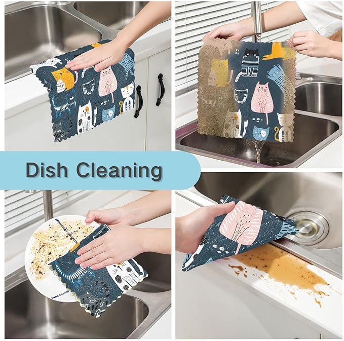CaTaKu Cute Blue Cats Microfiber Reusable Cleaning Cloths Kitchen Dish Cloths Dish Rags for Washing Dishes, Dish Towels Washcloths for Kitchen Drying, 6 Pack