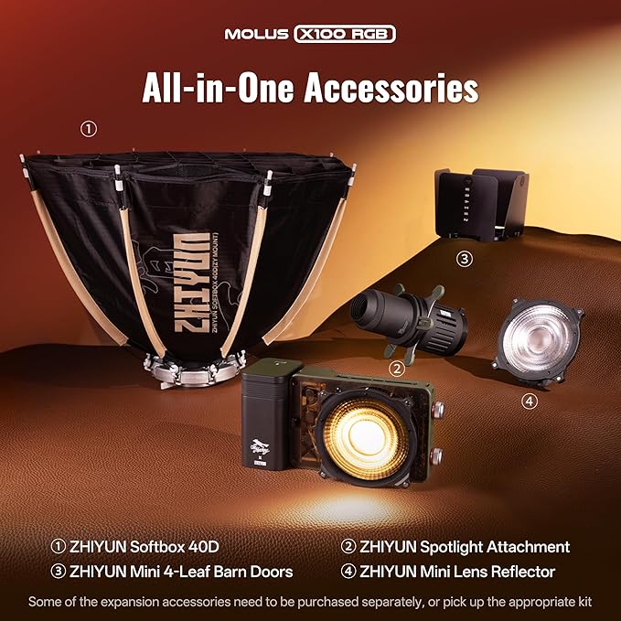 ZHIYUN MOLUS X100 RGB PRO 100W Video Light [Official] V2 Upgraded Version Professional Photography Lighting Portable Continuous Output Lighting 2500K~10000K CRI≥95 TLCI≥97 Only 384g for Youtuber TT