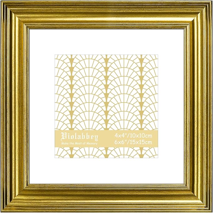VIOLABBEY 6x6 Picture Frame Gold, Vintage Photo Frames Square, Fits Pictures 4x4 with Mat or 6 x 6 without Mat, Display for Tabletop and Wall