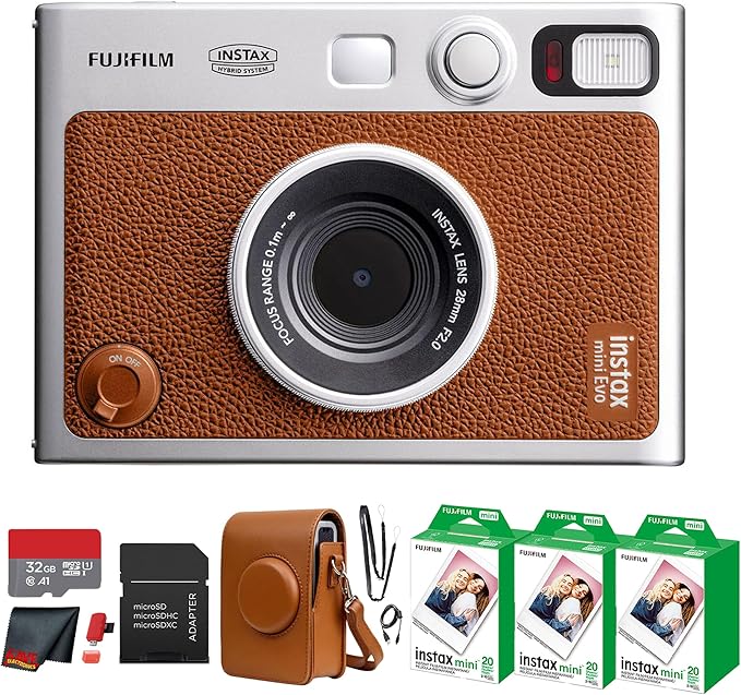 Fujifilm Instax Mini EVO Hybrid Instant Camera (Brown) Bundle with Instax-Mini Twin Pack Instant-Film 60 Sheets + 32GB Memory Card + Vintage Mini-Evo Camera Case + Cleaning Cloth