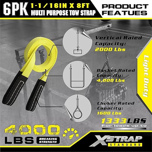 XSTRAP STANDARD 6PK 1" x8' Lift Sling Web Strap/Wear Guard End, 4,000 lbs Break Strength Lifting Straps with 2 Reinforced Loops for Tree Saver Lifting Furniture Appliances Machine