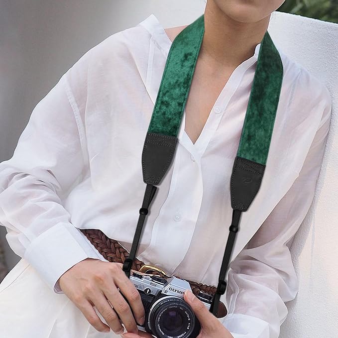 Padwa Lifestyle Green Velvet Camera Strap - 2" Double Layer Full Grain Cowhide Leather Head Camera Straps for Photographers,Unique Soft Velvet Fabric with Quick Release fits all Cameras