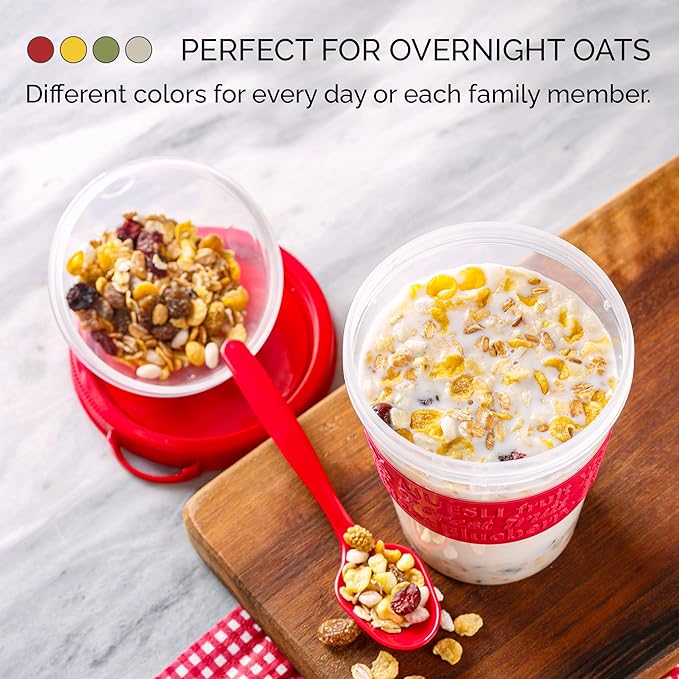 Crystalia 4 Pack 20 oz On The Go Yogurt Parfait Cups with Lids & Spoons, Overnight Oats Containers/Jars, Oatmeal Container to Go with Topping for Cereal, Milk, Yogurt, and Fruit Salad Storage (Large)