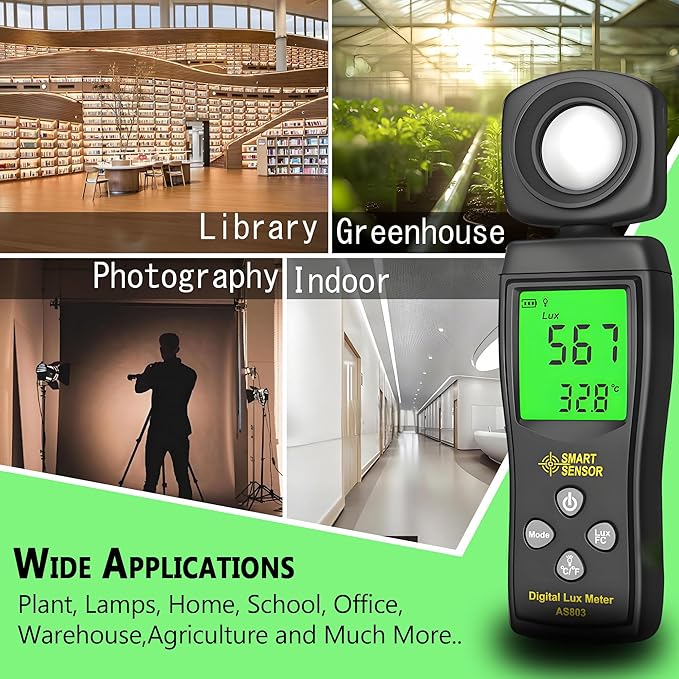 Digital Light Meter, Backlit LCD Display Lux/Foot Candles Meter with 180º Rotating Sensor, Range up to 200,000 Lux Luxmeter,for Photography Plants Lighting Intensity Brightness Measurement