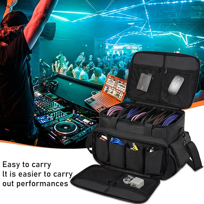 Cable File Bag With Adjustable Dividers Dj Gig Bag for Cables, Cords,DJ Gear,Sound Instrument and Accessories 16L x 11W x 12H inch Black