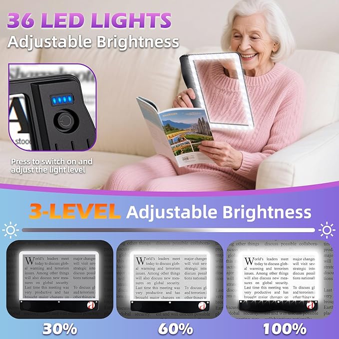 6X 30X Magnifying Glass with Light, Rechargeable Handheld Magnifying Glass for Reading, LED Lighted Lightweight Rectangular Full Page Magnifier for Reading Small Prints Seniors Low Vision (Black)
