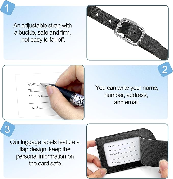 BlingKingdom 4 PCS Luggage Tags PU Leather Luggage Label Suitcase ID Tags for Travel Accessories (4 Colors)