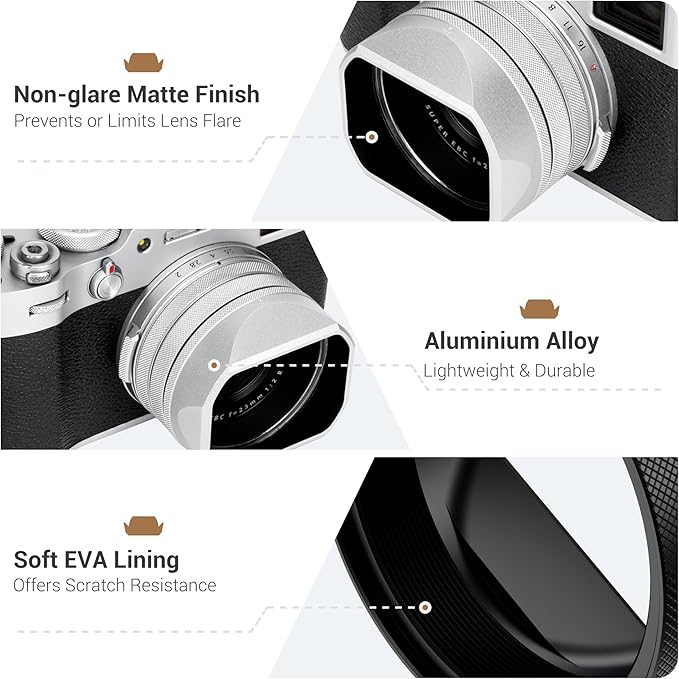 Square Metal X100VI Lens Hood with Hood Cap & 49mm Filter Adapter Ring, Protective Cover Lens Shade Protector for Fujifilm Fuji X100VI X100V Camera, Block Stray Light (No Filter Included) -Black