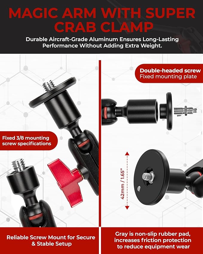 REFLEX CAMERA Metal Articulating 32" Magic Arm with Super Clamp Overhead Camera Mount – 1kg Load Capacity, Boom Arm with 1/4", 3/8" Screws Mounts - Photography, Videography & Streaming - Adjustable