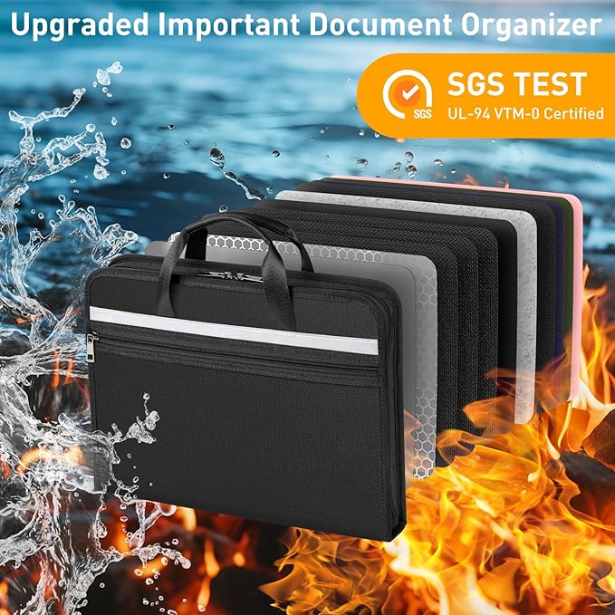 5200℉ Fireproof Document Organizer with 13 Accordion Expanding File Folder, Aluminum Foil Zipper Binder with 30 A4/Letter Sheet Protector, Binder for School Office Home Storage (Black)