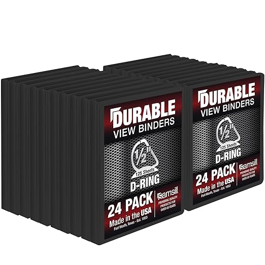 Samsill Durable 0.5 Inch Binder, Made in The USA, D Ring Binder, Customizable Clear View Cover, Black, 24 Pack, Each Holds 125 Pages