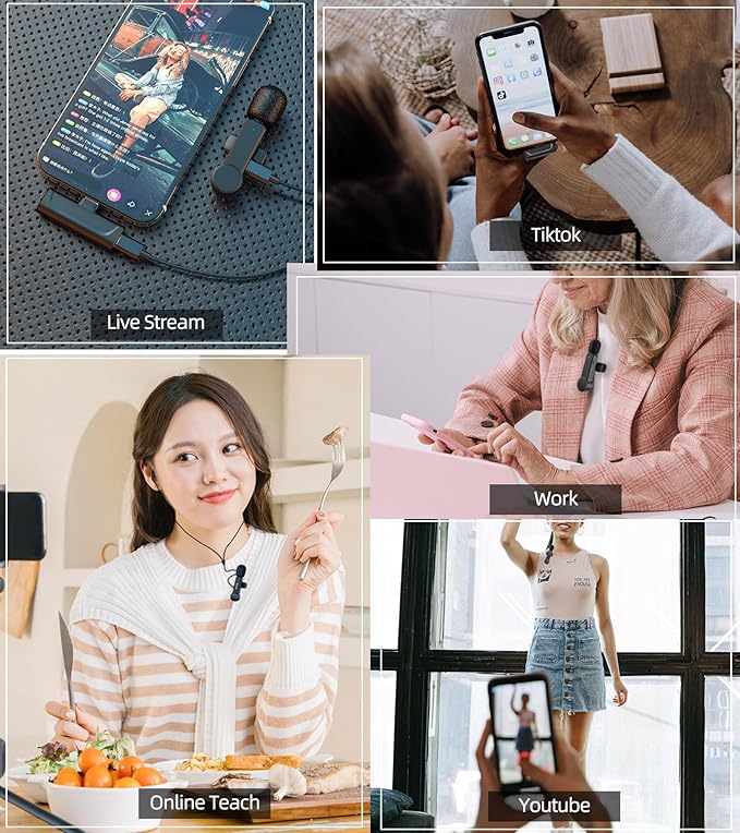 Wireless Microphone for iPhone and Android Phones - 2 Pack Cordless Lavalier Lapel Microphone Noise Canceling Lav Mic for Video Recording Vlog TikTok Instagram