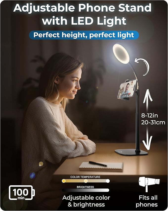 Phone Stand for Recording with Light for Desk - ChatStand Halo 9-13" Adjustable, Portable Ring Light Tripod, iPhone Stand for Desk & Phone Holder for Video Recording, Filming, Zoom Calls (Night Black)