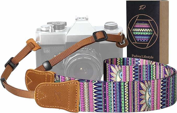 Padwa Lifestyle Camera Strap - 1.5" Soft Nylon Print Crazy Horse Cowhide Head Camera Straps for Photographers and All Cameras,Cute Adjustable Vintage Woven Strap for Adults & Kids(Bohemian Rhythm)