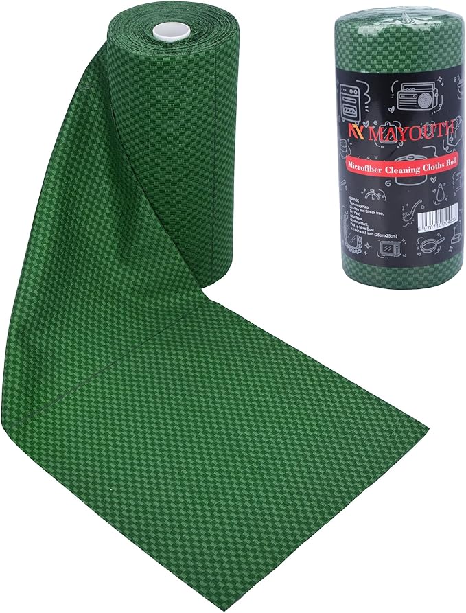 Microfiber Cleaning Cloths Roll 50-Pack Reusable Paper Towels for Car Wash Supplies Ultra Absorbent Kitchen Dish Rags House Window Cleaning Cloths Lint Free Tear away (Emerald-Green checkered pattern)