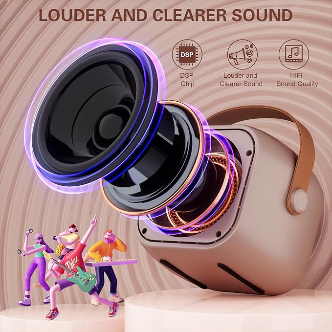Mini Karaoke Machine, Portable Bluetooth Karaoke Speaker with 2 Wireless Microphones and Party Lights for Kids and Adults, Birthday Gifts for Girls Boys Family Home Party (Rose Gold)