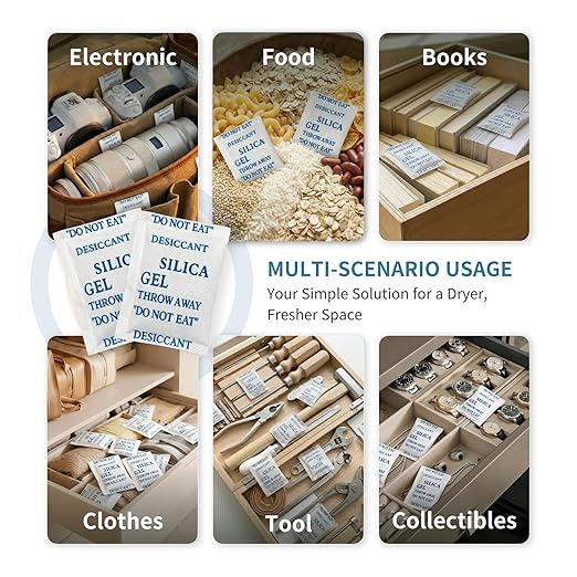 50 Pack 5 Gram Desiccant Packs for Storage, Premium Silica Gel Packets (Rechargeable & Color Indicating), Safe Food Grade Moisture Absorbers for Storage Bins, Electronics, 3D Filament
