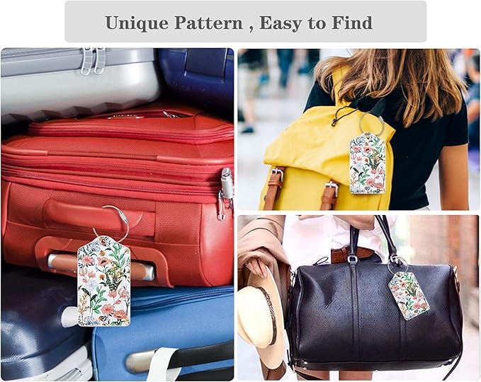 (Set of 2) Luggage Tag Leather Privacy Cover ID Label Address Card with Stainless Steel Loop, Travel Bag Tags Suitcase Labels,White Flowers