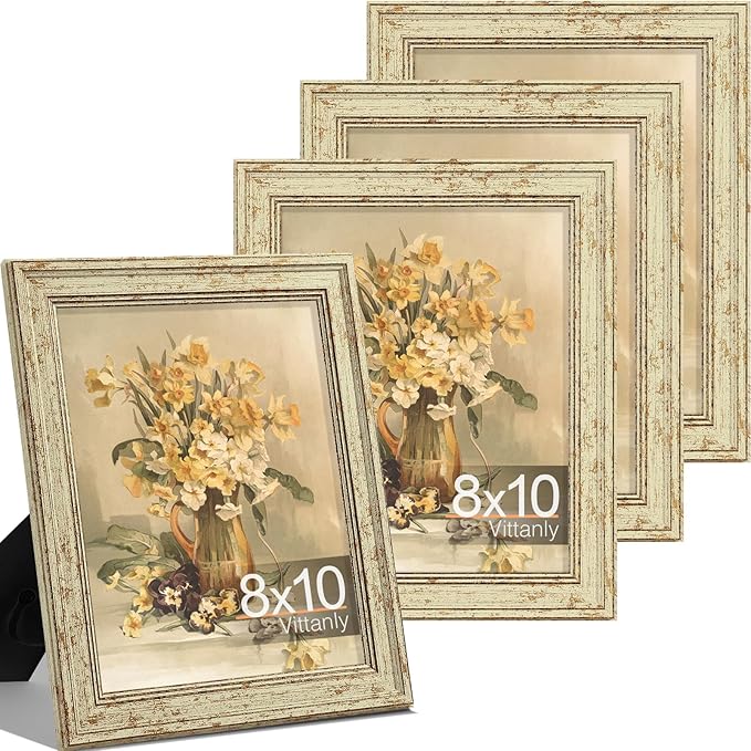 Vittanly 8x10 Picture Frame Set of 4, Vintage Photo Frame for Wall or Tabletop, Display 5x7 Pictures with Mat or 8x10 without Mat, Rustic Farmhouse Home Decor, Green Gold