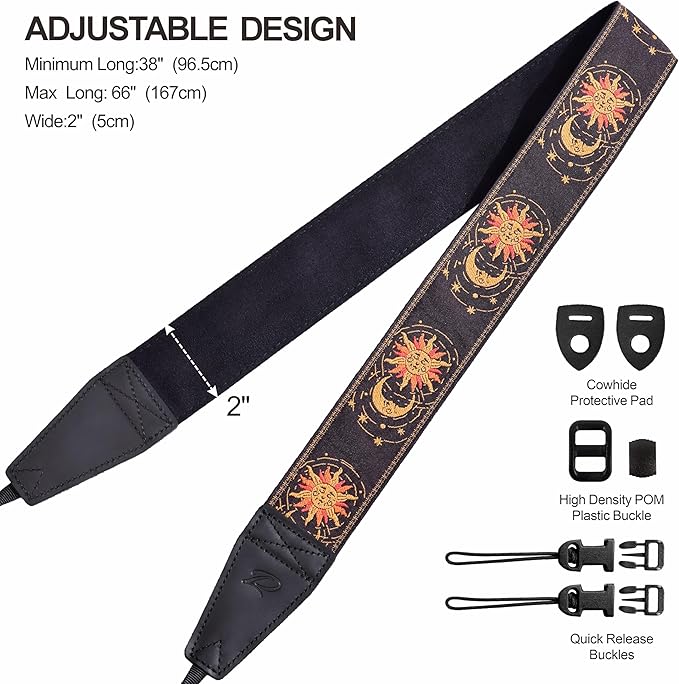 Padwa Lifestyle Helios Moon God Camera Strap -2" Full Grain Leather Ends Camera Straps for Photographers, Vintage Embroidered Cotton Weave Soft Suede Fabric Padded Strap Quick Release fits All Cameras