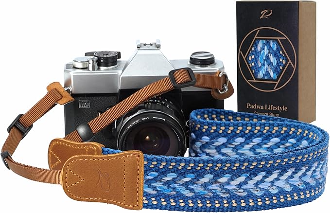 Padwa Lifestyle Speed Blue Camera Strap - 1.5" Soft Cotton Rope Weave Crazy Horse Cowhide Head Camera Straps for Photographers and All Cameras,Cute Adjustable Vintage Woven Strap for Adults & Kids