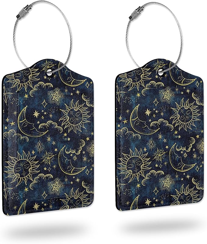 2 Pack Luggage Tag for Suitcases,Moon Sun Stars Clouds PU Leather Bag Travel Suitcase ID Identifier Baggage Tags for Women Men Travel