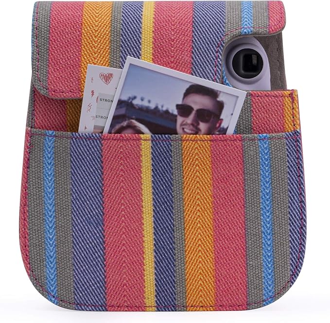 Frankmate Canvas Camera Case Compatible with Fujifilm Instax Mini 11 12 Instant Camera with Adjustable Strap and Pocket (Color Stripes)